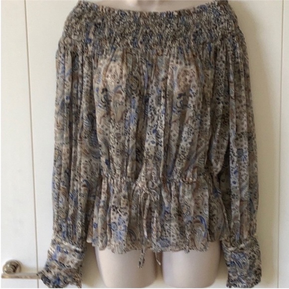 Redemption Silk Chiffon White Blue Beige Floral Print Paisley Smocked Blouse 8 - Picture 2 of 11